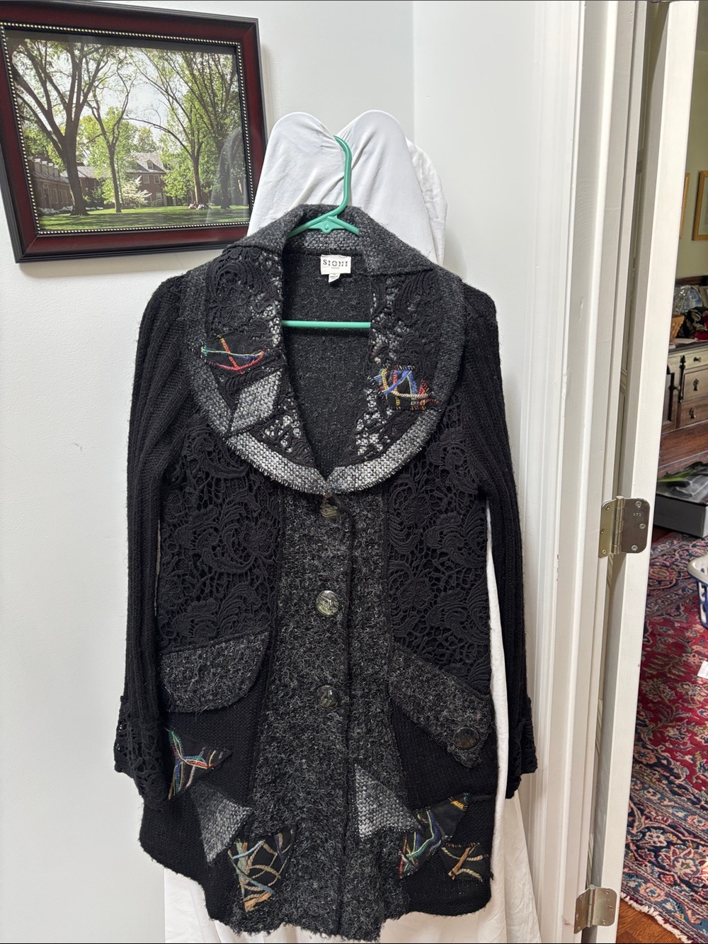 Storia Black Mixed Knit Lace Embroidered Cardigan Coat- very unique and chic !